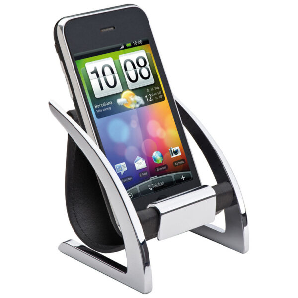 Mobile phone holder made of chromed metal and PU, suitable for mobile and smart phones